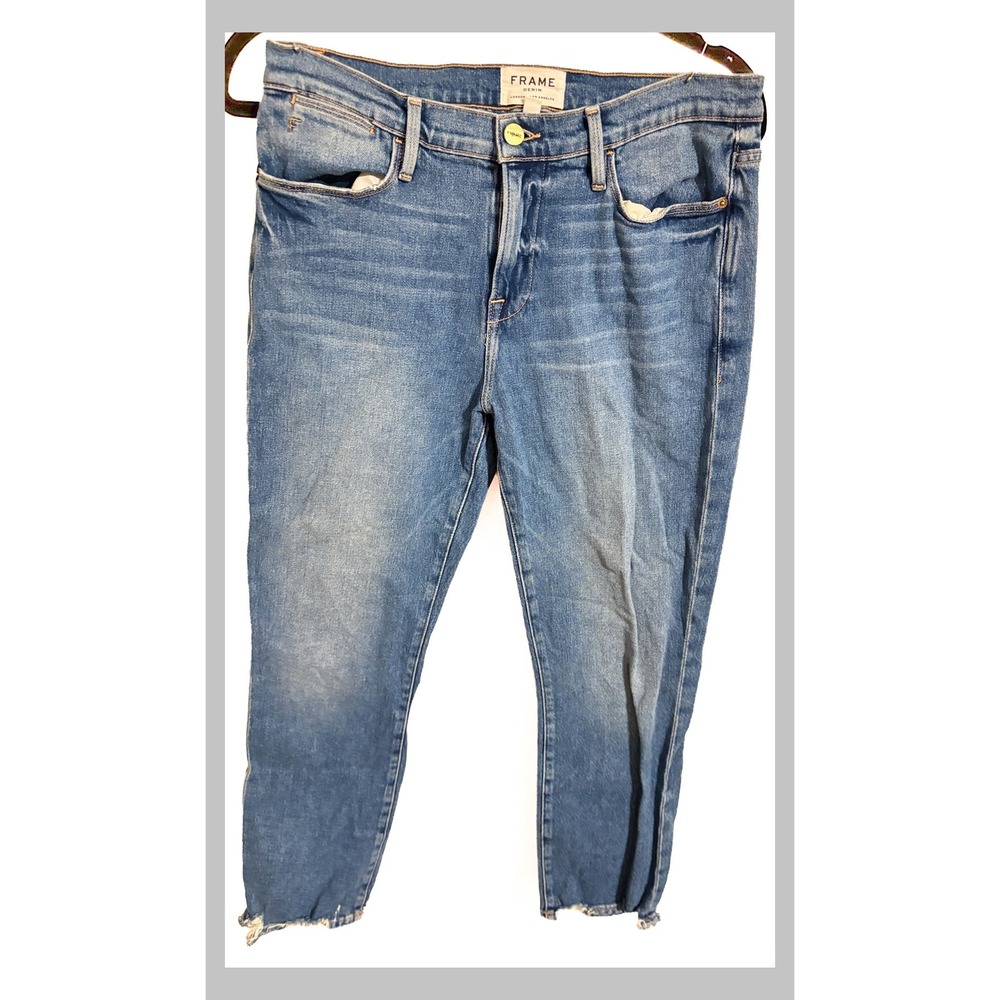 Frame Denim Le High Straight Jeans Breakwater Blue Distressed Hem Womens